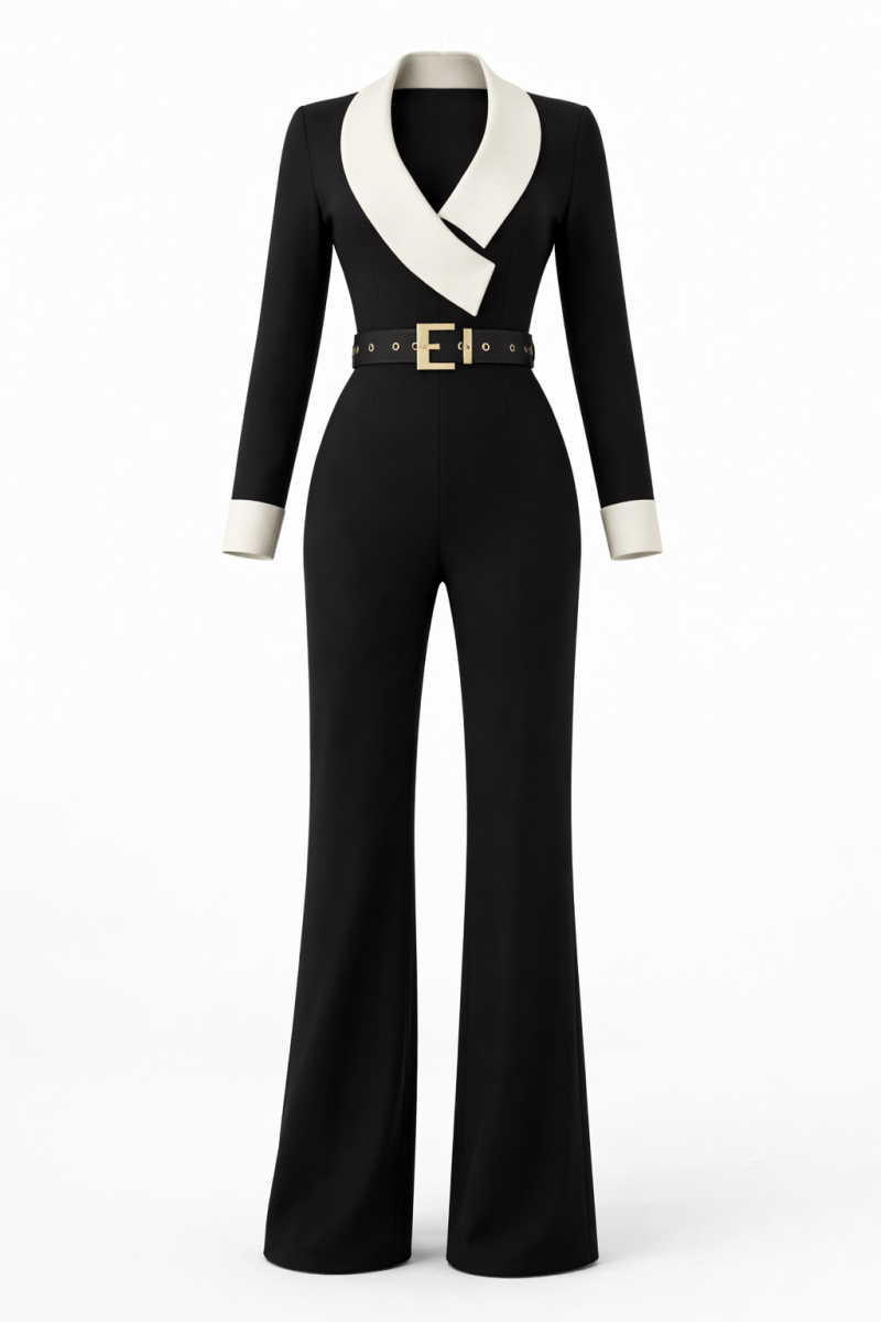 Women's long sleeve jumpsuit bold contrast panel design sophisticated monochrome slim fit