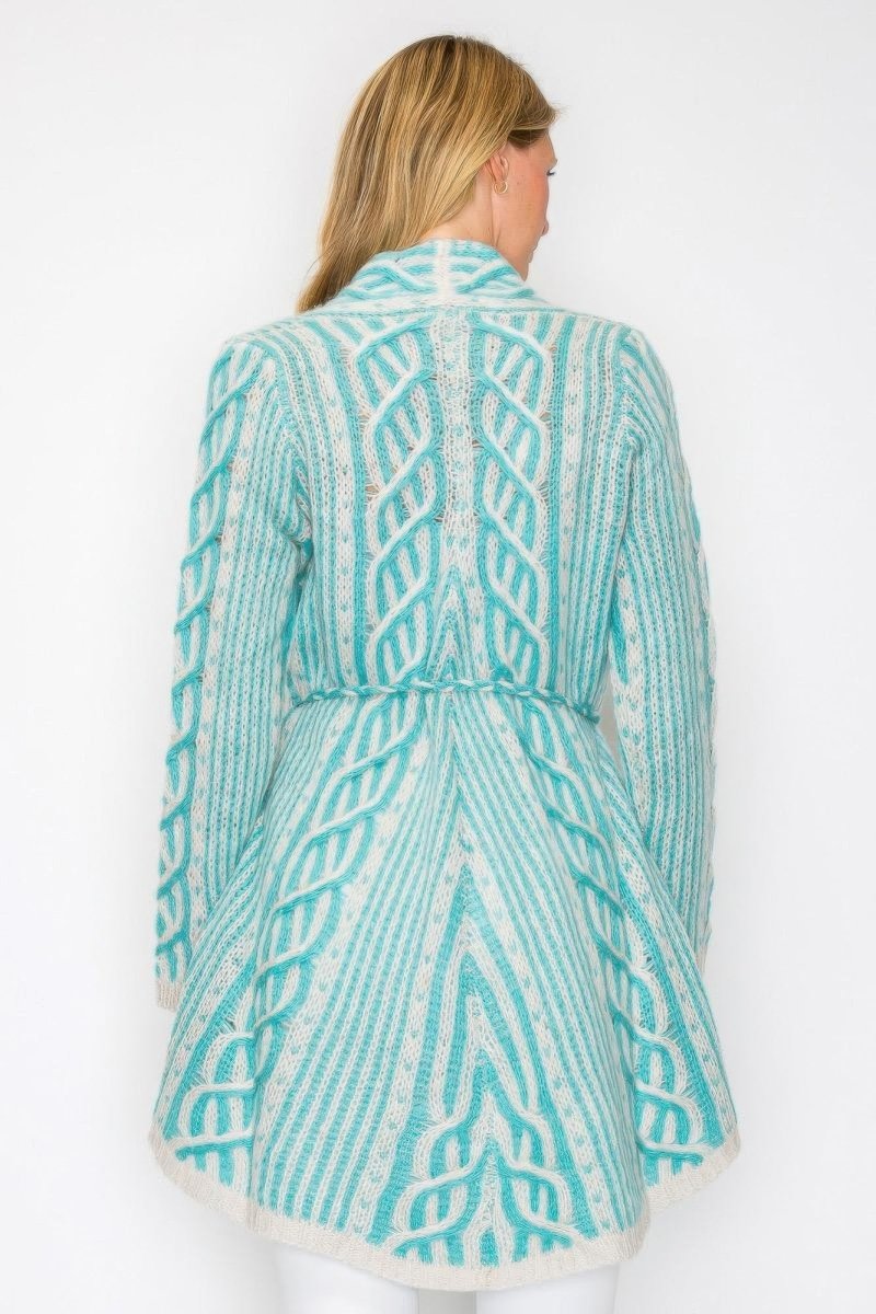 Women's belted open-front wool-blend cardigan, longline relaxed fit with front pocket