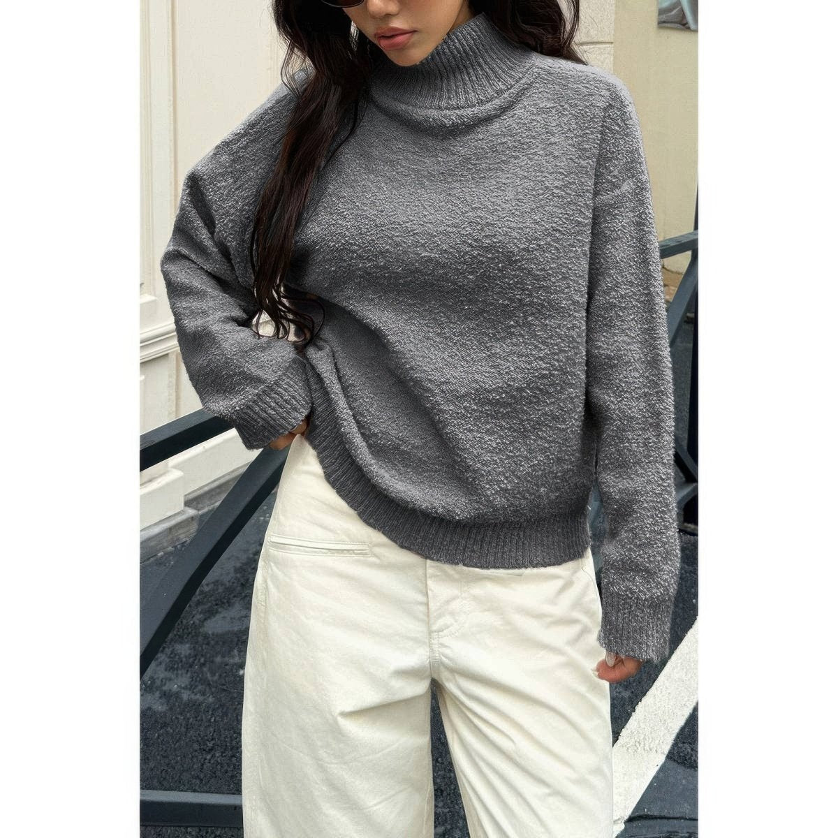 Women's soft knit roll neck sweater, cozy long sleeves, modern minimalist style, acrylic-polyester blend