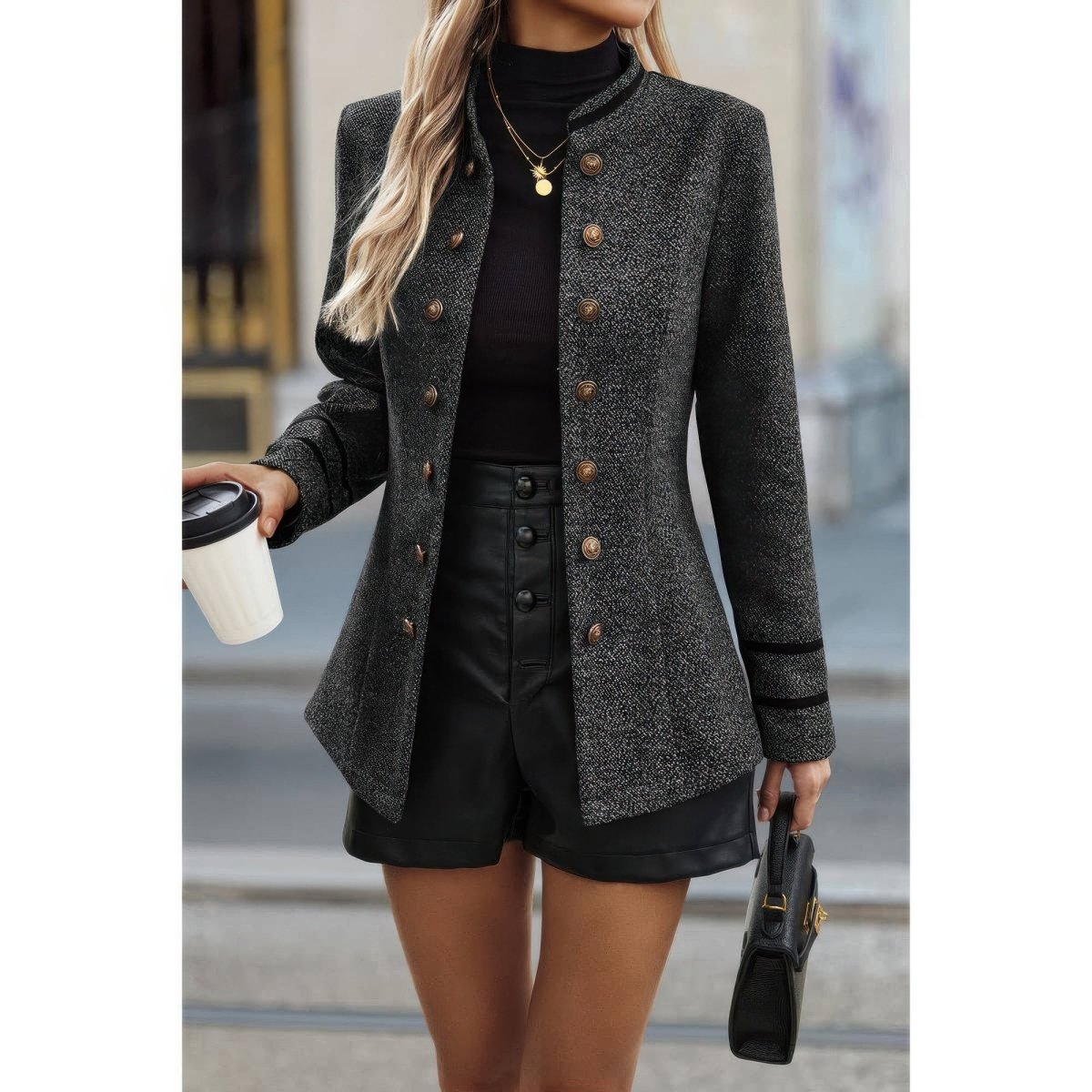 Women's olive utility jacket stand collar decorative buttons structured everyday layering outerwear