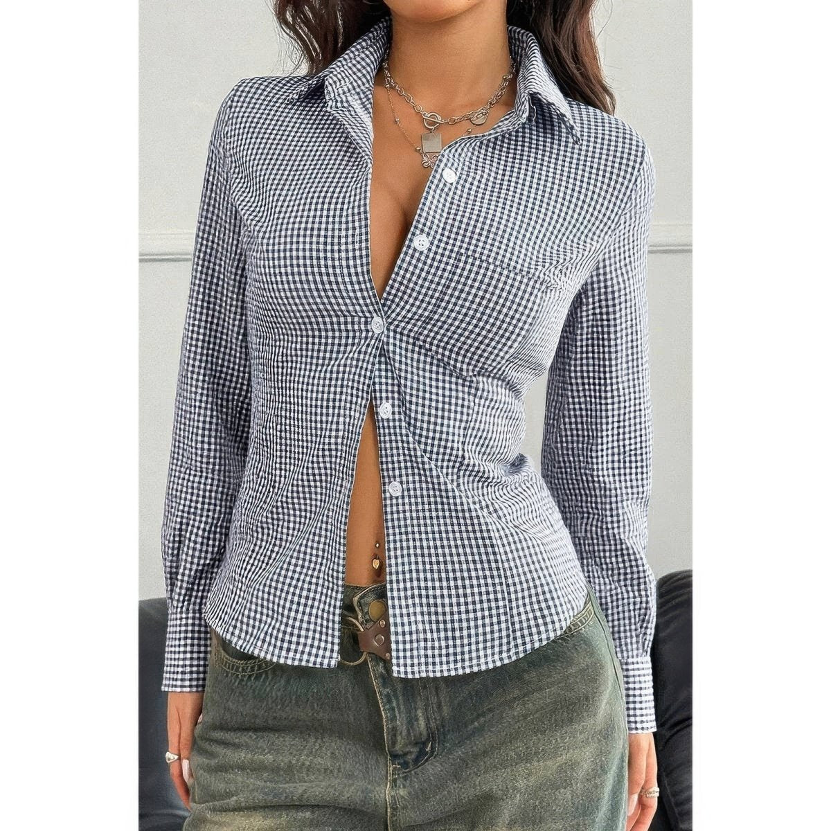 Women's slim fit stretch button-down shirt in classic white, long sleeves, tailored workwear style