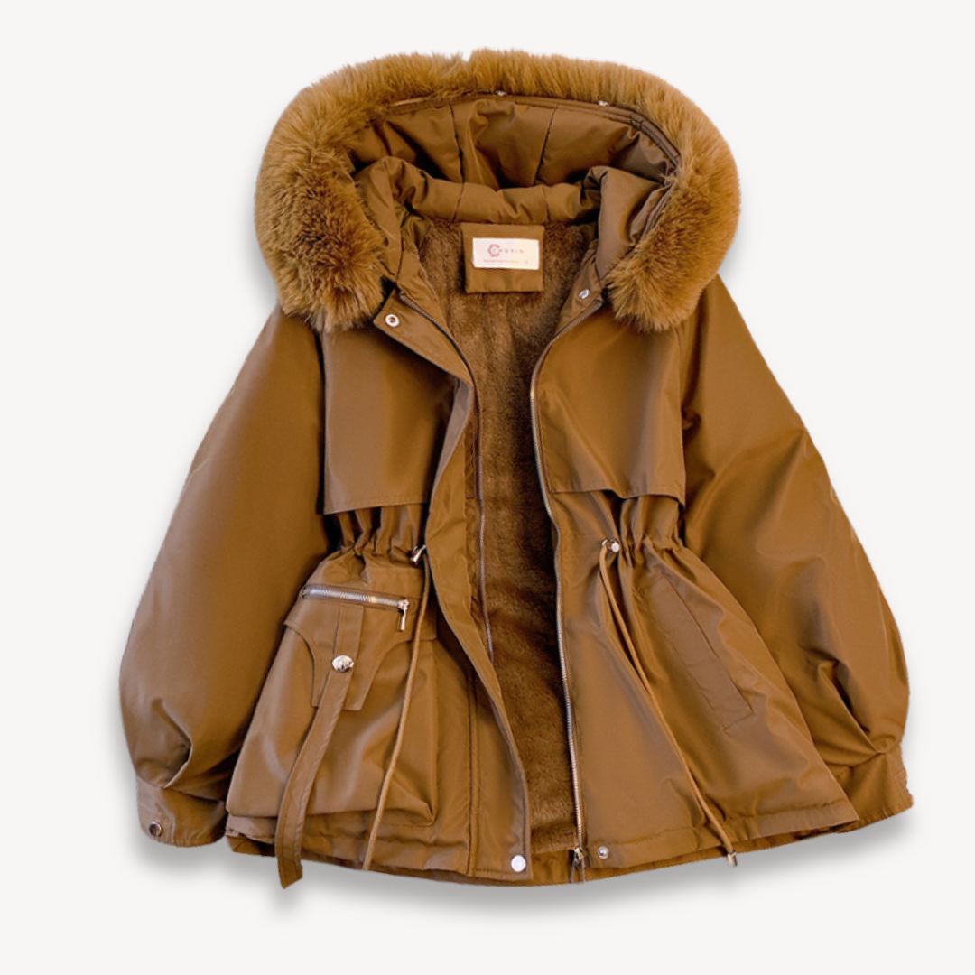 Women's olive green winter parka jacket with thick faux fur lining and removable adjustable hood