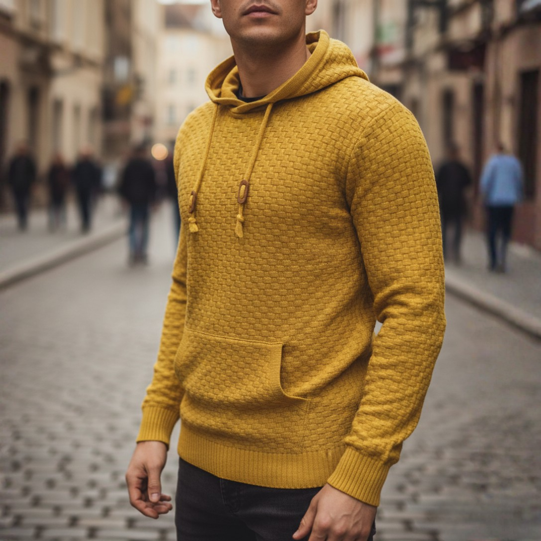 Beige polyester men's hoodie with adjustable drawstring hood and front kangaroo pocket