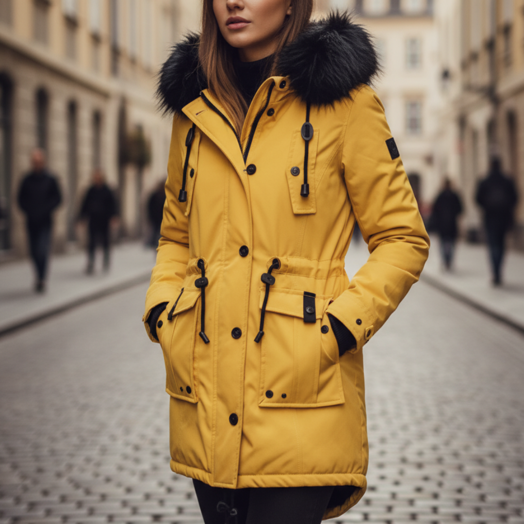 Women's hooded parka with synthetic fur trim hood, zip-button closure, casual winter coat with pockets