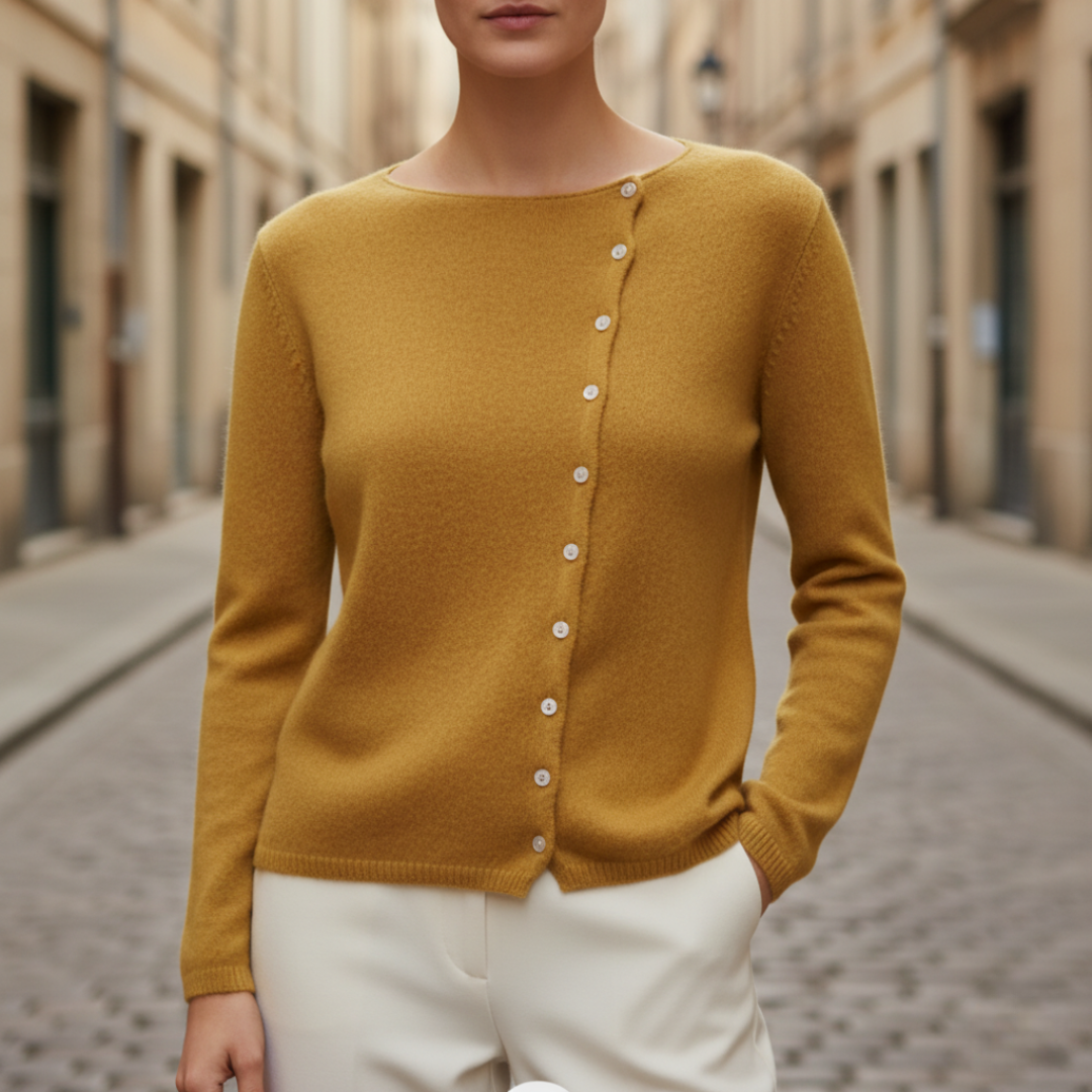 Women's wool cashmere blend sweater beige round neck button closure cozy everyday wear