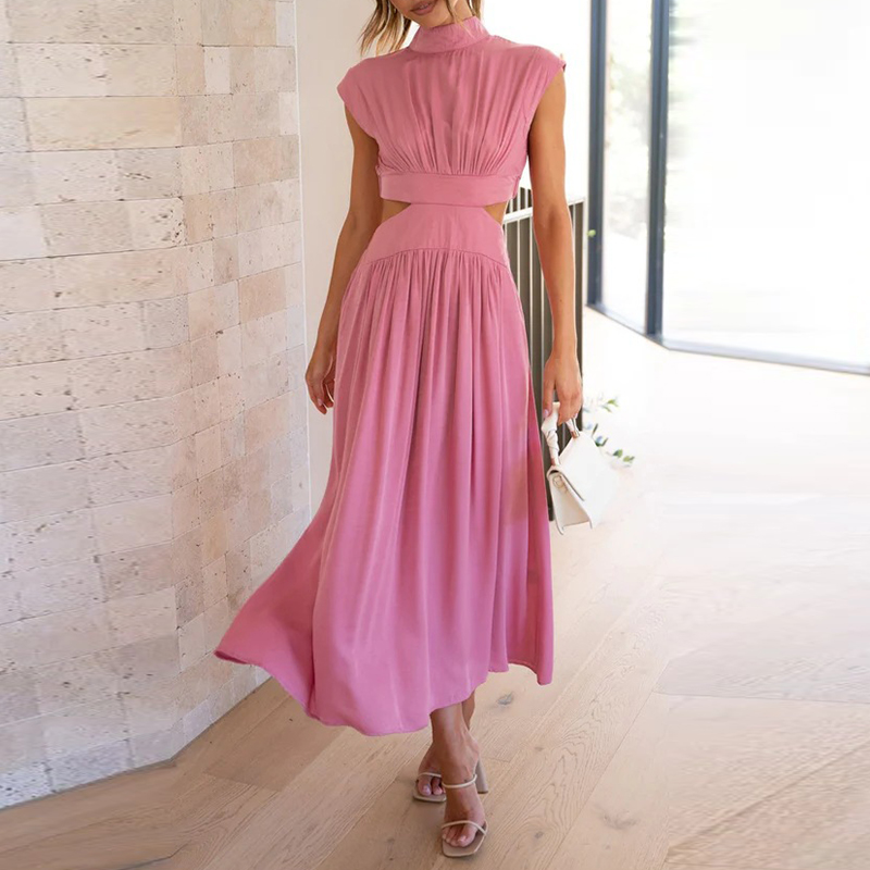 Women's elegant high-waist maxi dress in breathable cotton-polyester blend with flattering silhouette