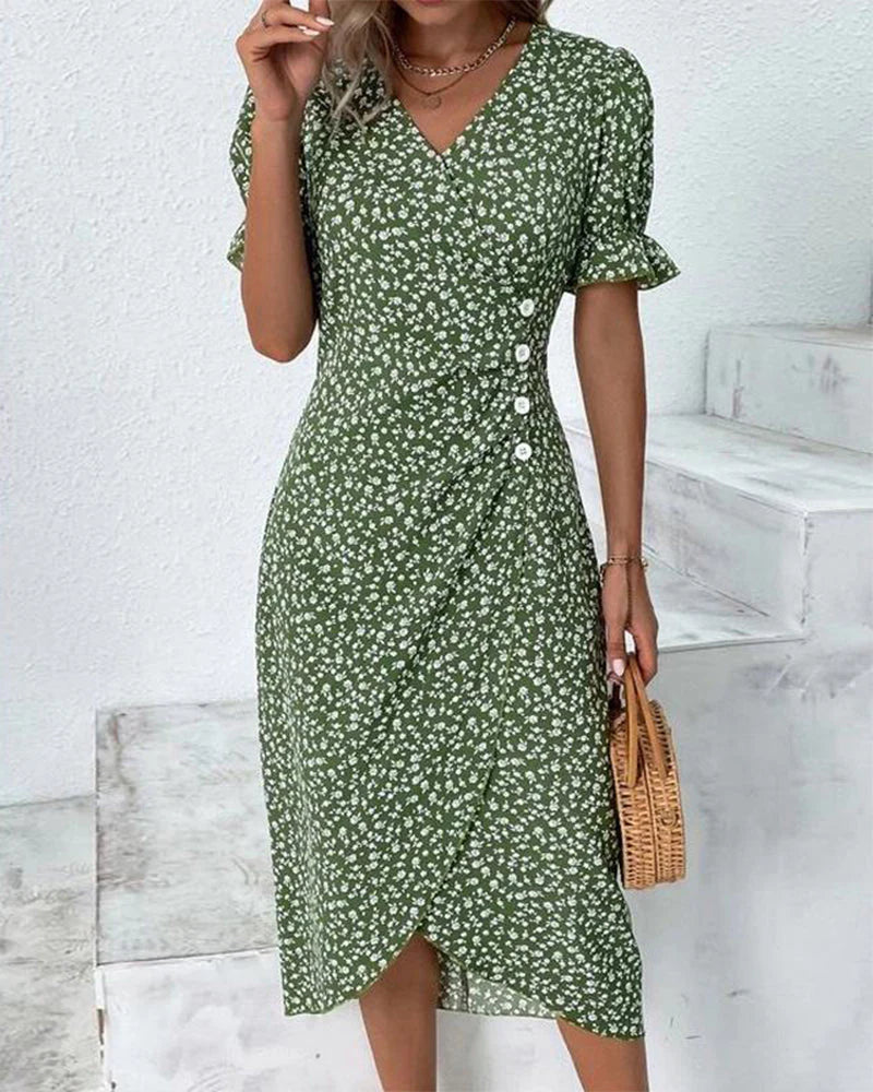 Blue floral wrap midi dress women flattering faux wrap-front waist-defining summer silhouette
