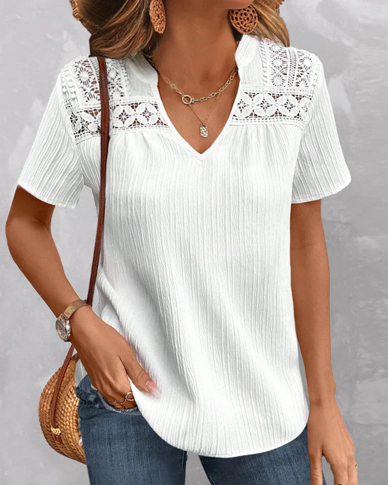 Women's chic V-neck lace trim T-shirt elegant relaxed silhouette everyday casual top