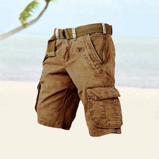 Men's khaki multi-pocket cargo shorts relaxed fit durable outdoor storage utility design