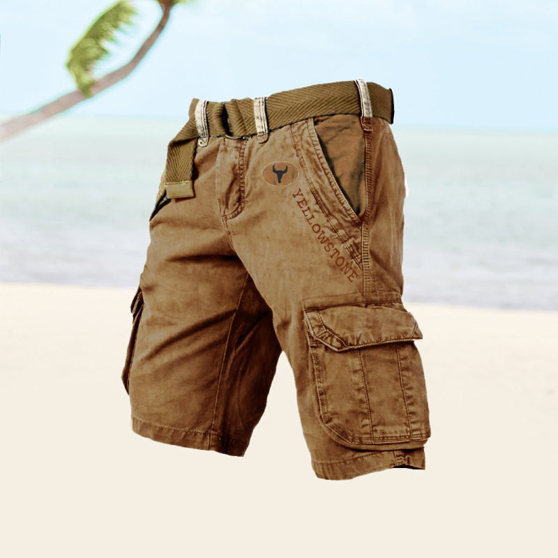 Men's khaki cargo shorts relaxed fit with multiple functional pockets for active outdoor use