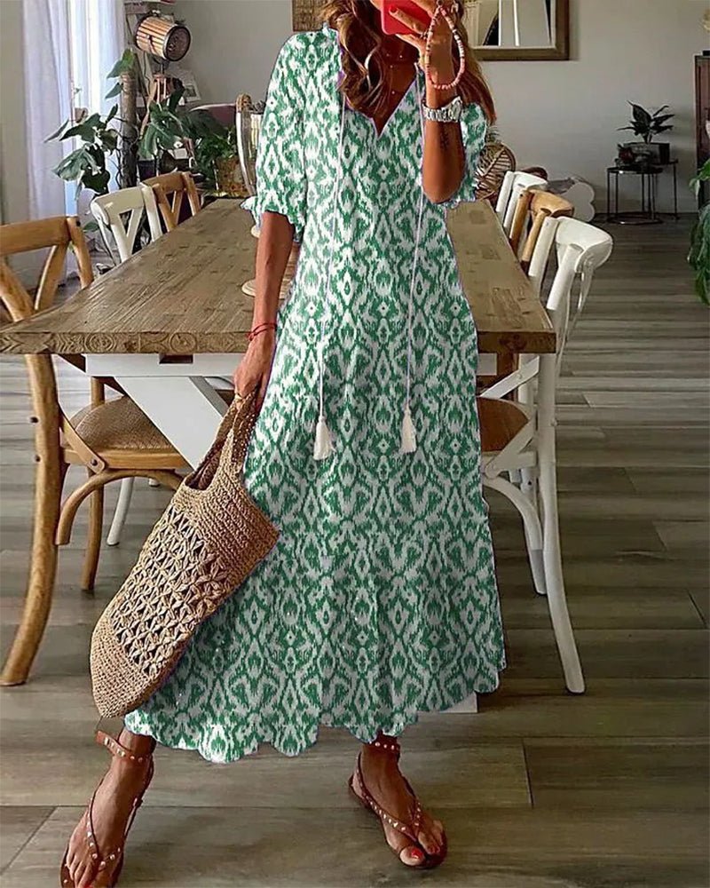 Boho floral maxi dress women V-neck tassel tie flowy sleeves relaxed summer silhouette