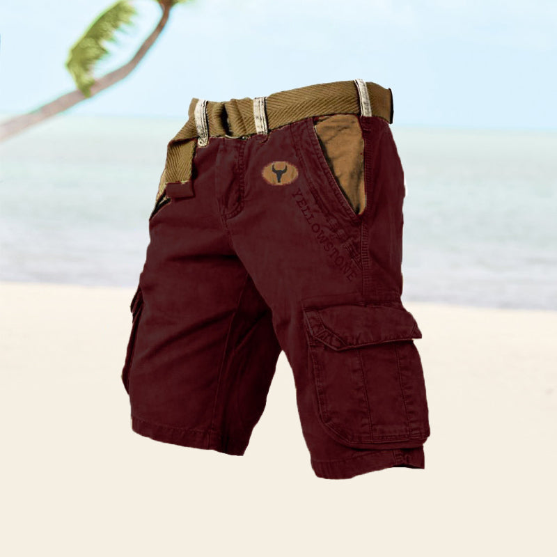 Men's khaki cargo shorts relaxed fit with multiple utility pockets for active outdoor lifestyle