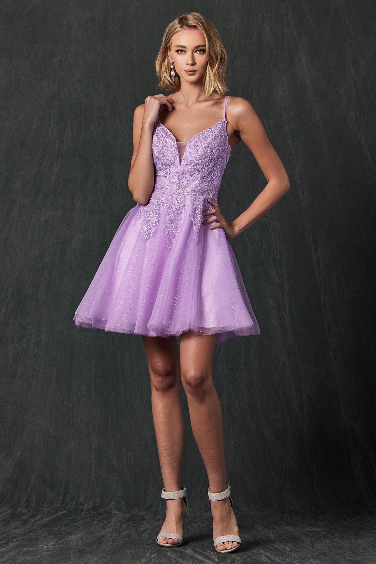 Juliet JT857 mini homecoming dress spaghetti straps V-neck A-line silhouette cocktail party