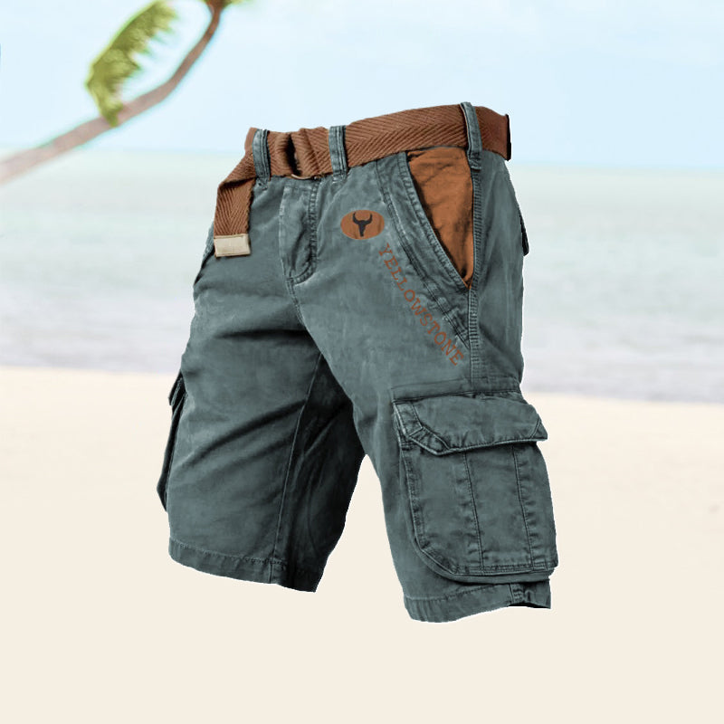 Men's khaki cargo shorts relaxed fit with multiple functional pockets for active outdoor wear