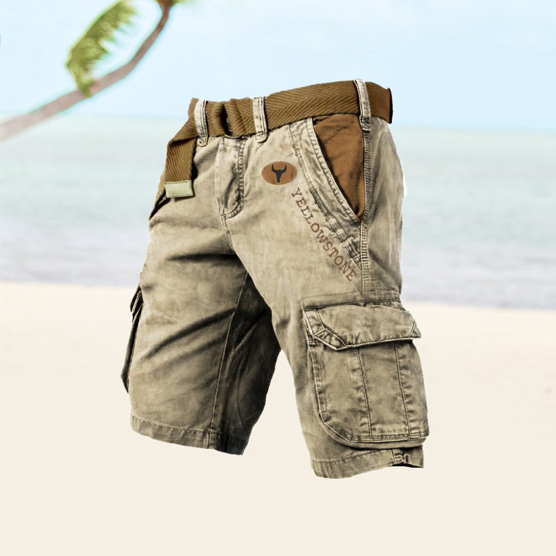 Men's khaki cargo shorts relaxed fit with multiple functional pockets for active outdoor use