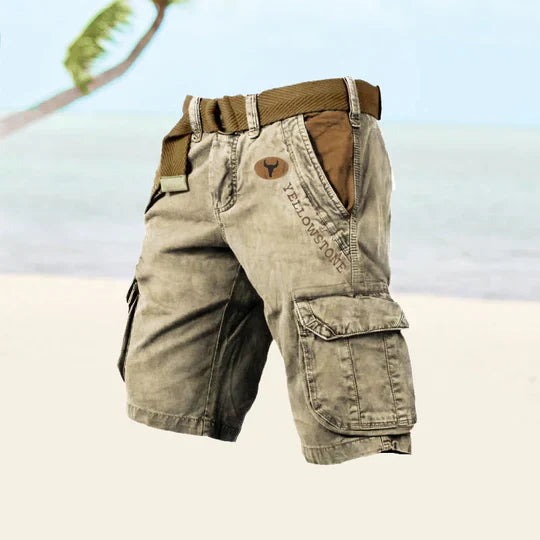 Men's khaki cargo shorts relaxed fit multi-pocket durable outdoor adventure storage utility wear