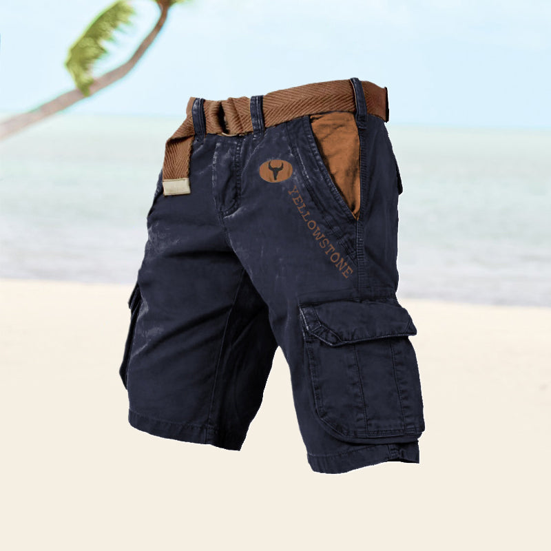 Men's khaki cargo shorts relaxed fit with multiple functional pockets for active outdoor wear