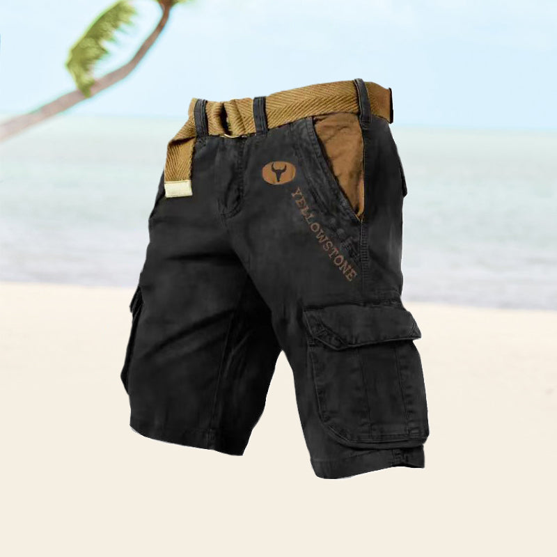Men's khaki cargo shorts relaxed fit with multiple functional pockets for active outdoor lifestyles