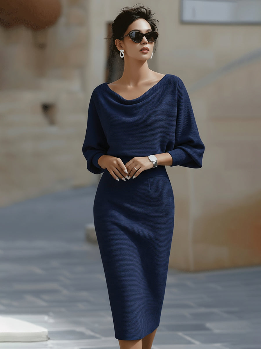 Elegant draped midi dress for women with fluid neckline, tailored waist, and elongated silhouette