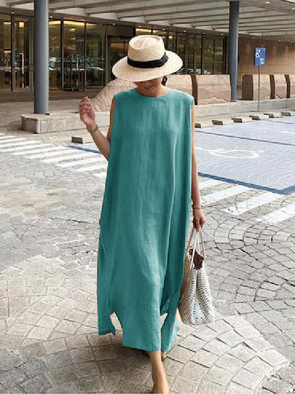 White floral bohemian linen maxi dress with side slit, relaxed one-size fit for women