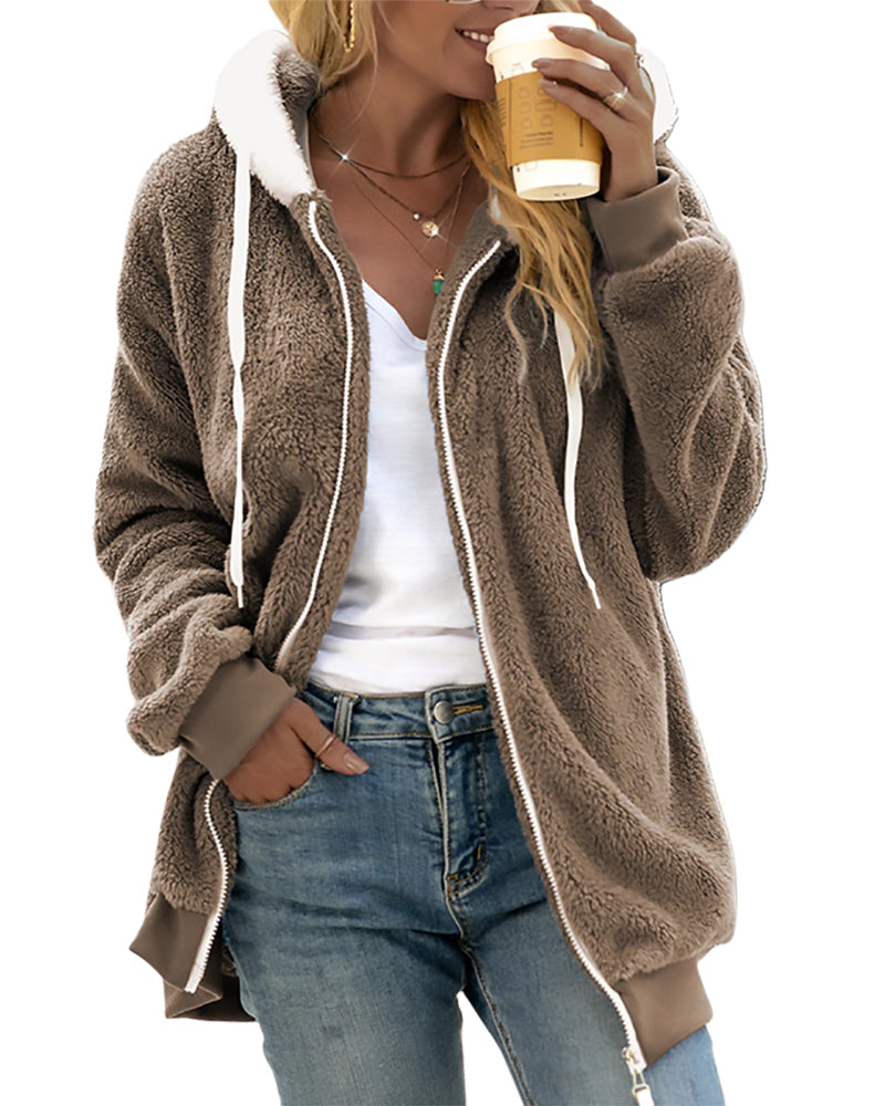 Women's heather gray fleece zip hoodie with plush adjustable drawstring hood and ribbed trim
