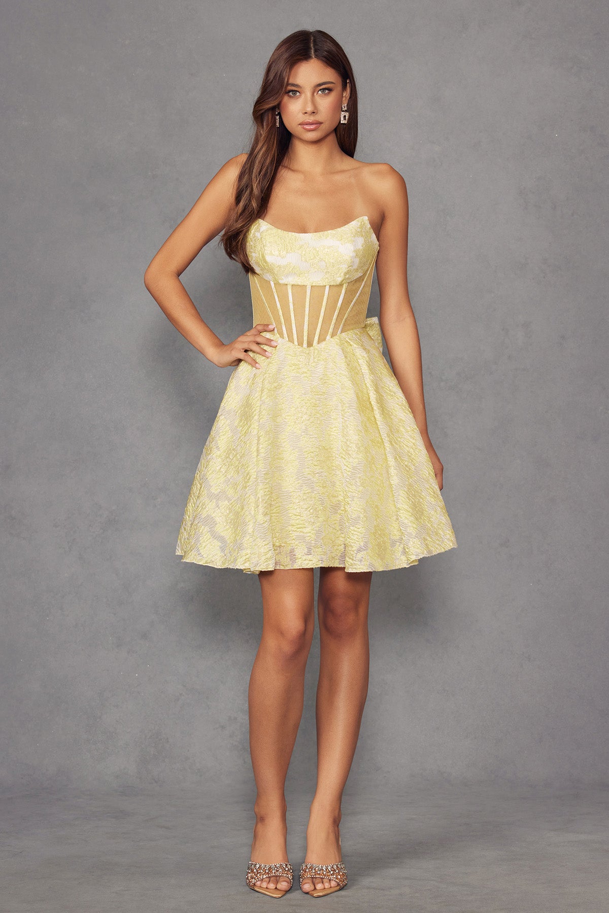 Juliet JT982S strapless mesh A-line short cocktail dress with open back in flirty mini silhouette