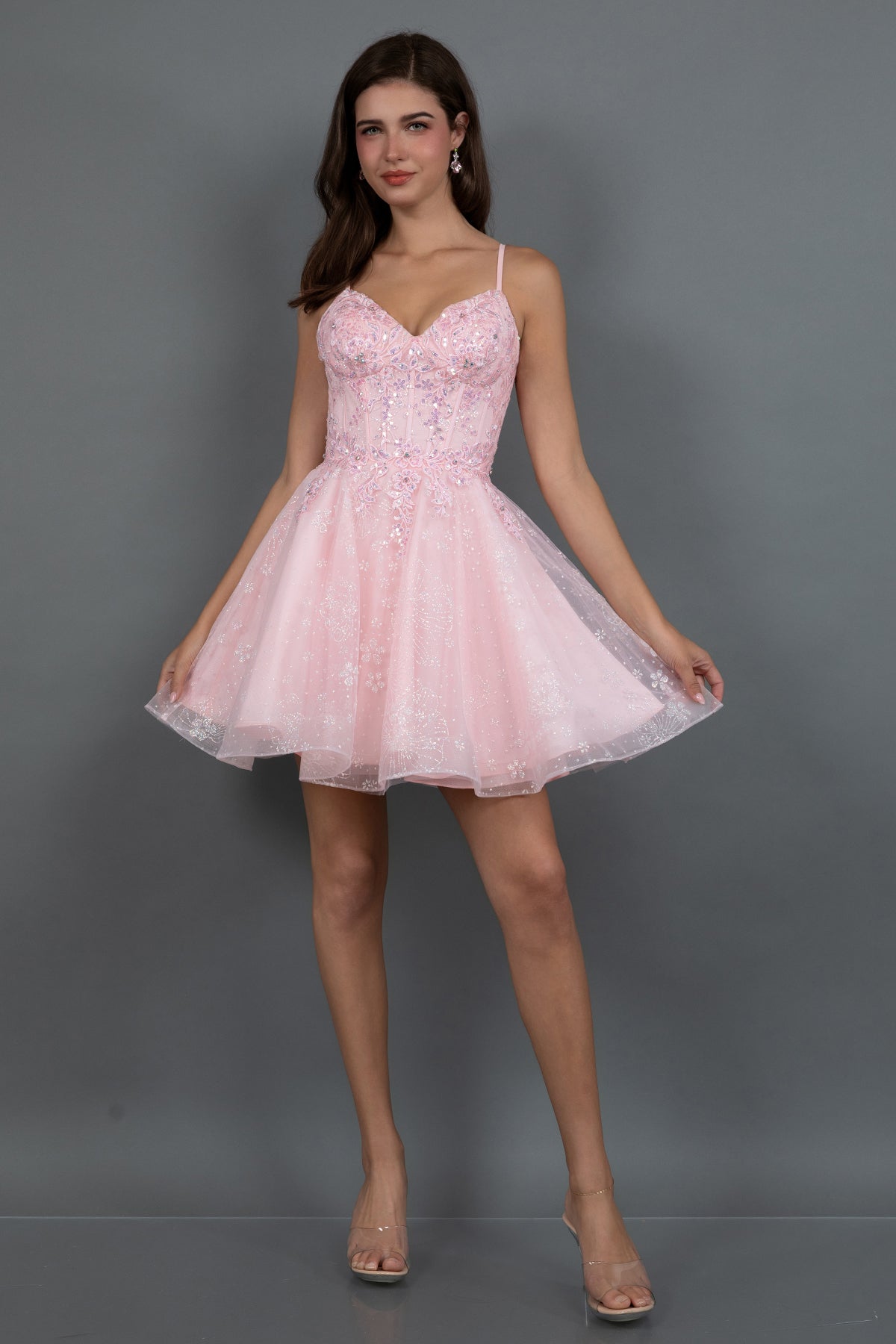Women's A-line short cocktail dress in soft tulle with floral glitter accents, mini length partywear
