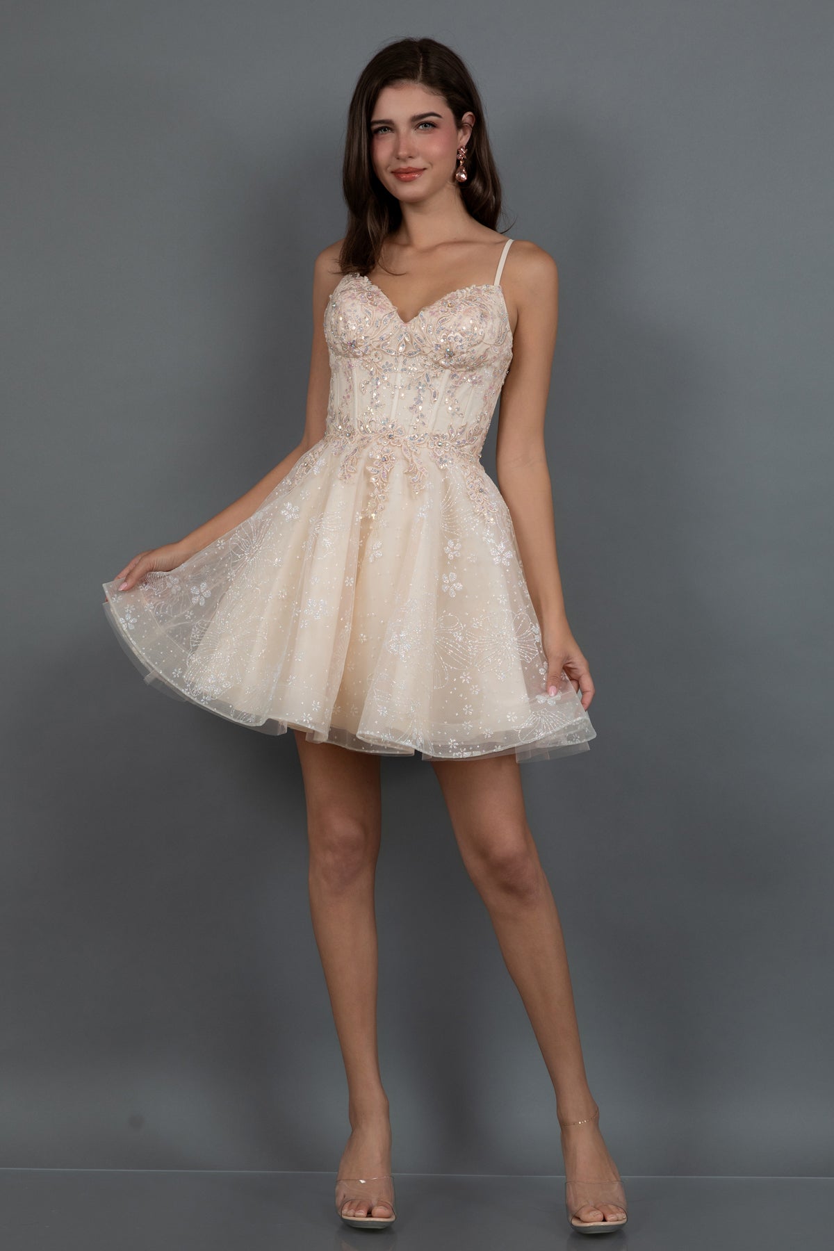 Women's A-line short cocktail dress in soft tulle with floral glitter details, mini length partywear