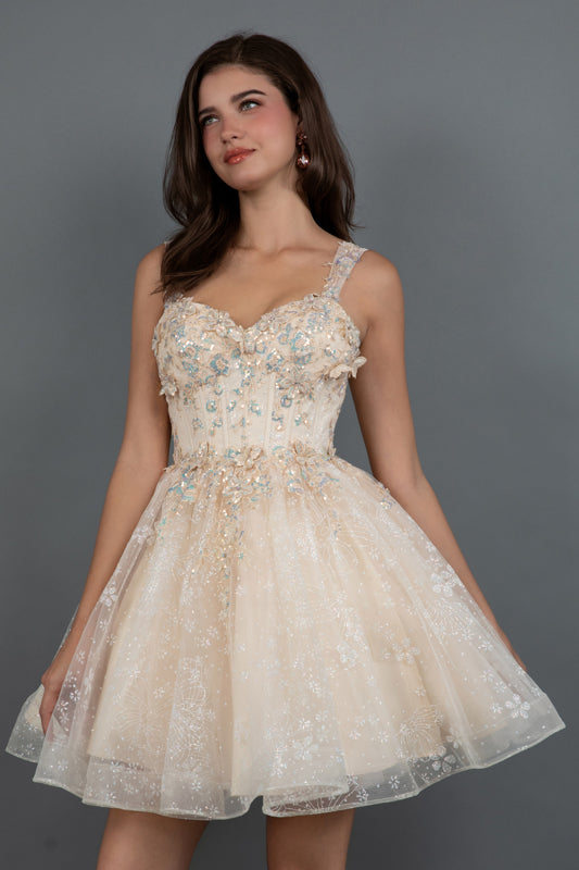Juliet JT976L floral glitter short cocktail dress with sweetheart neckline, A-line mini silhouette