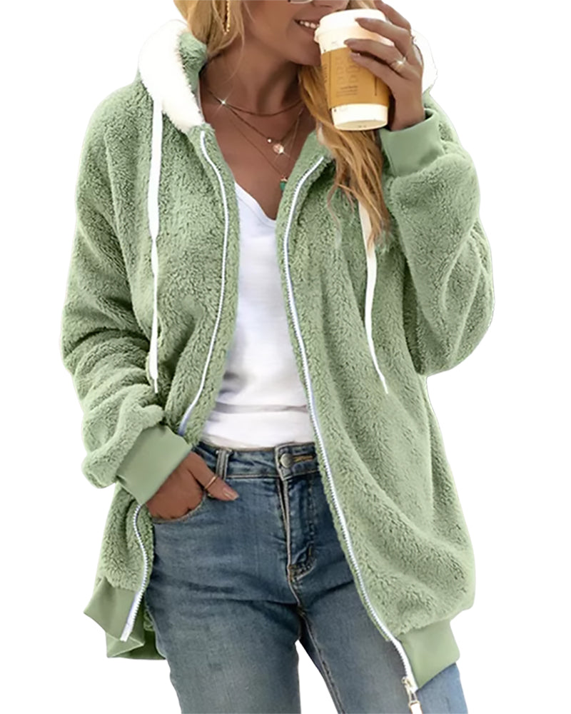 Women's fleece zip hoodie warm cozy plush drawstring hood ribbed trim everyday layering comfort