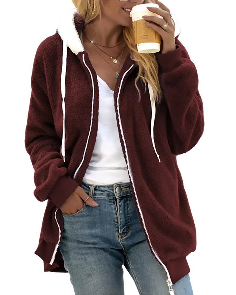 Women's cozy fleece zip hoodie soft warm everyday comfort adjustable drawcord hood versatile layer