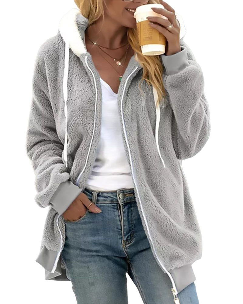 Women's fleece zip hoodie warm cozy plush hood ribbed trim everyday layering comfort