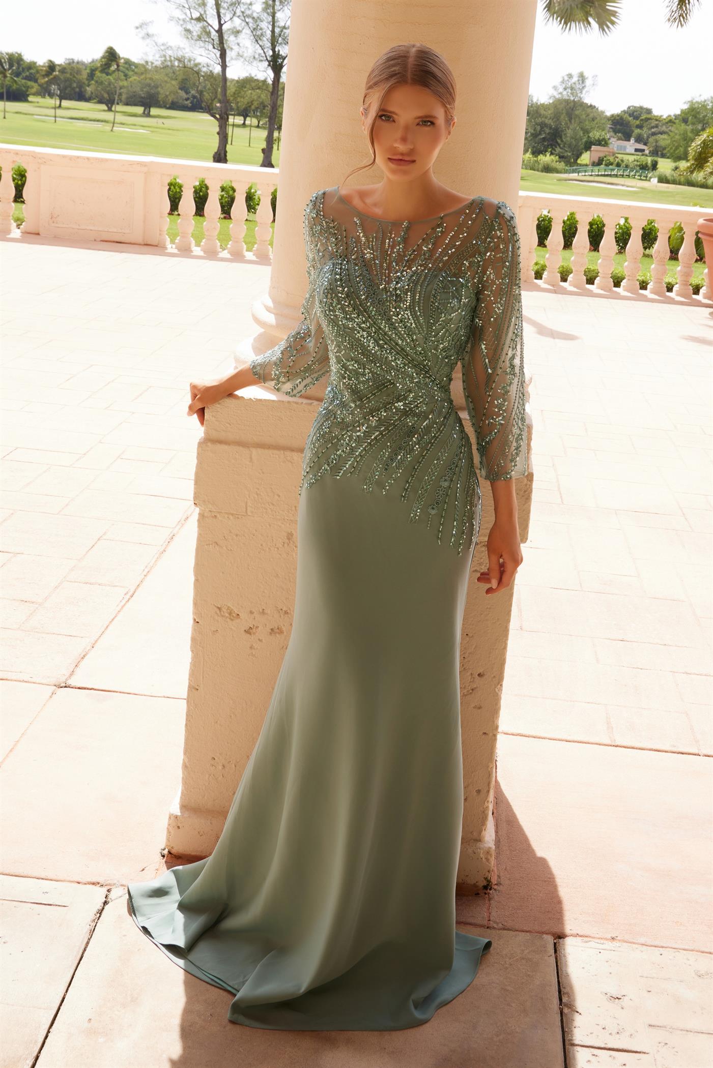Green stretch satin full-length long-sleeve Mother of the Bride gown plus size elegant formal dress