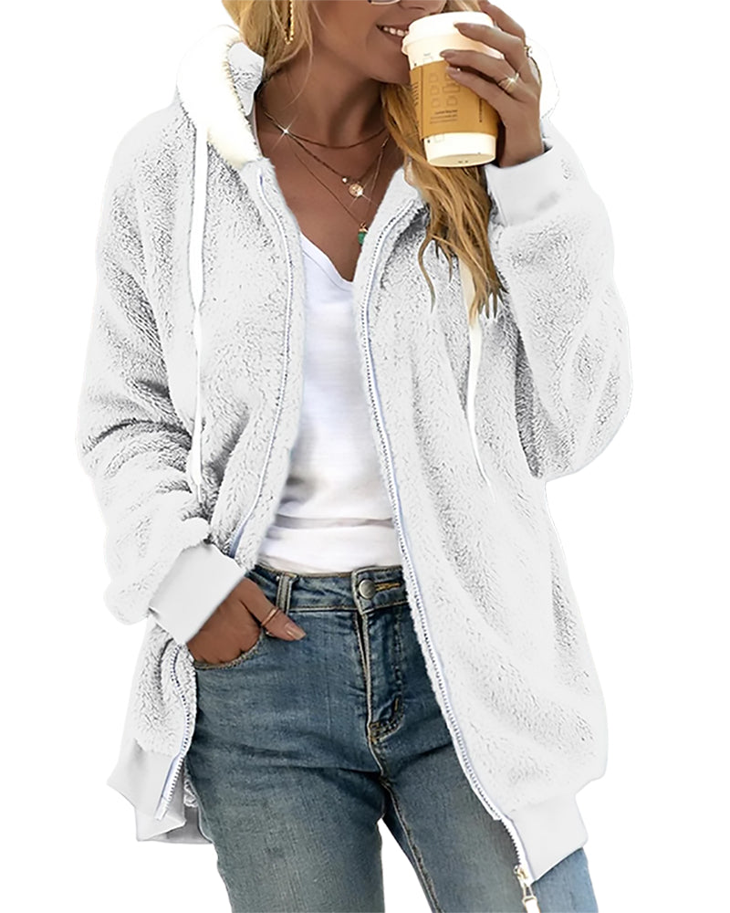 Women's fleece zip hoodie warm cozy plush hood ribbed trim everyday layering comfort