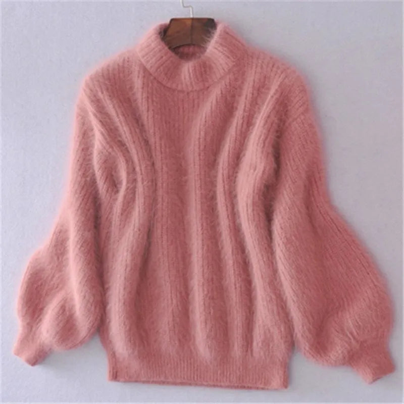 Women's fuzzy turtleneck sweater loose fit plush knit with ribbed cuffs and hem cozy warmth