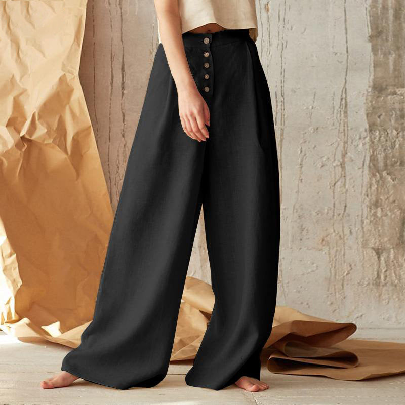 Unisex vintage solid cotton blend pants with button-down closure and functional pockets for casual wear