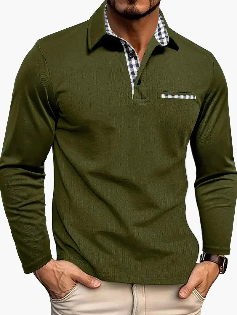 Men's slim-fit long sleeve polo shirt with elegant check collar detail for modern casual style