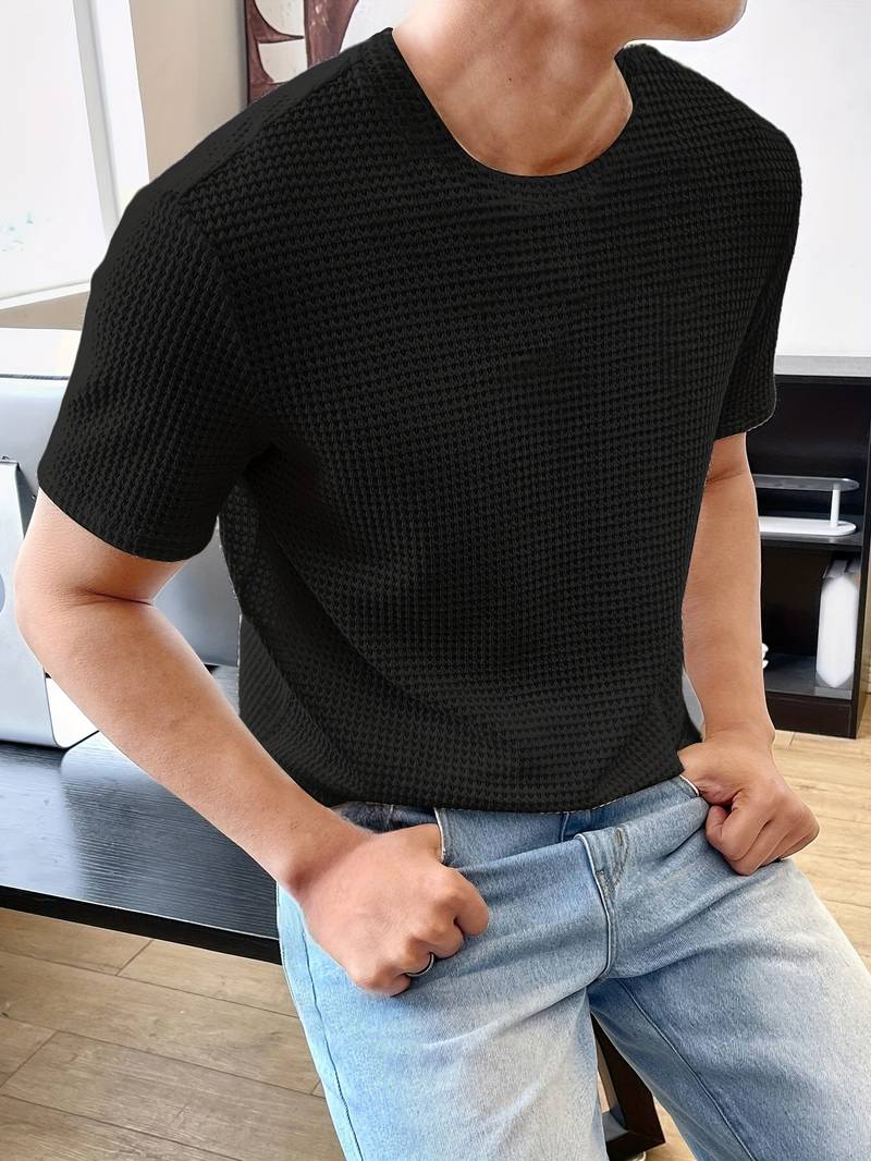 Men's open-knit crew neck tee in breathable hollow-out fabric, casual everyday premium texture top