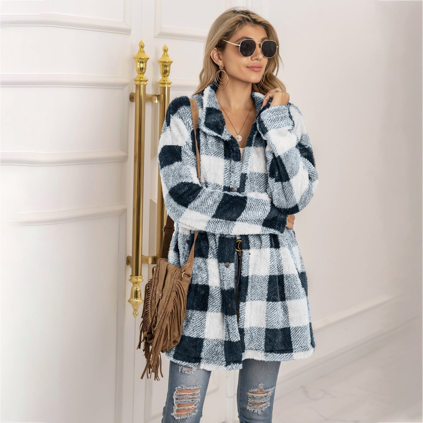 Women's longline colorblock plaid fleece coat, cozy warm winter essential with bold pattern