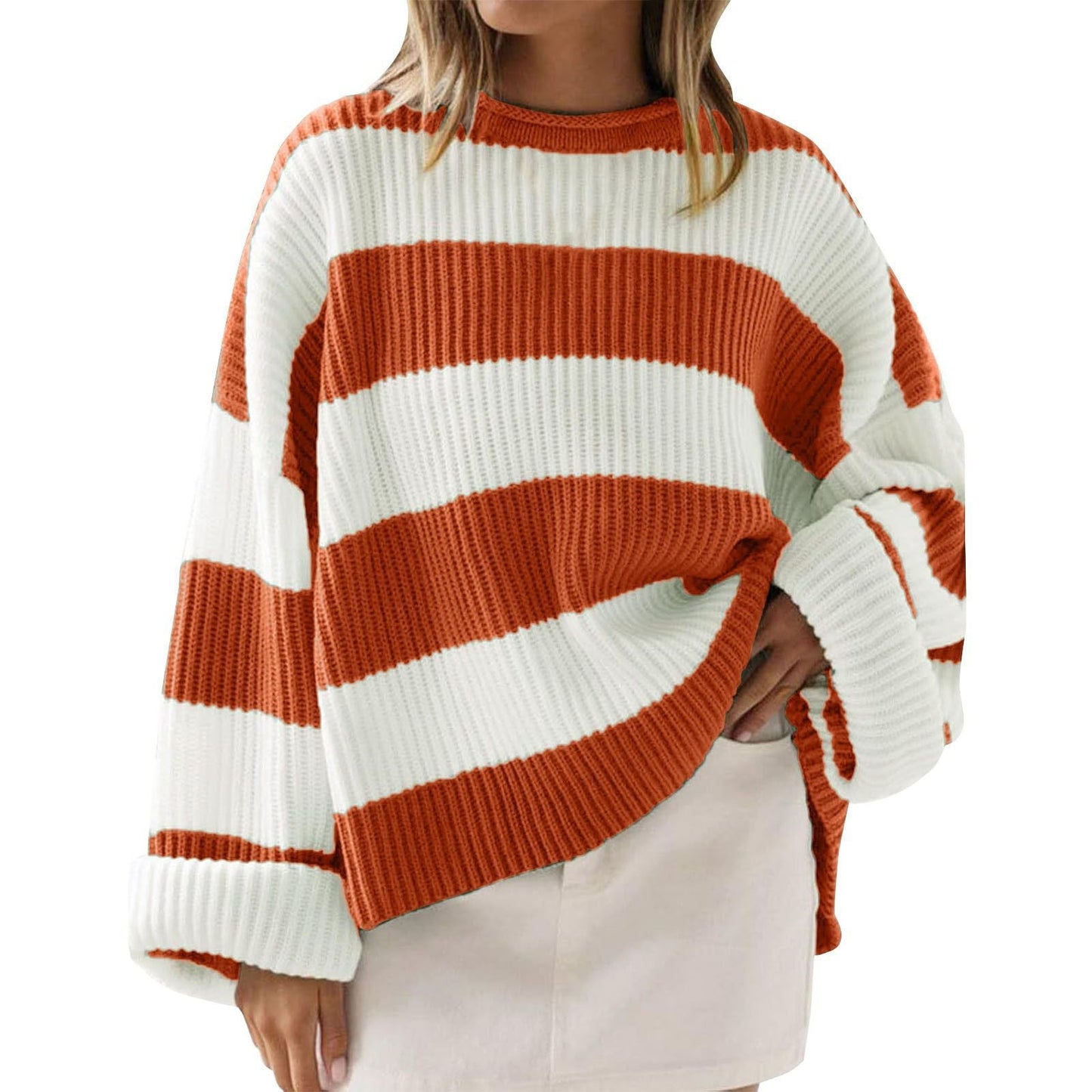 Women's casual striped knit sweater with spandex blend flexible fit for everyday versatile wear