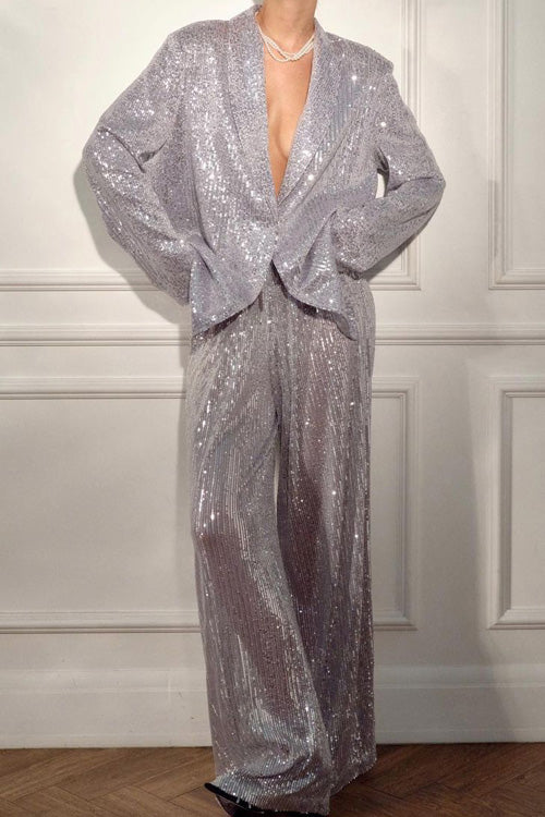 Women's silver sequined two-piece suit jacket and trousers set elegant party-ready shimmering style