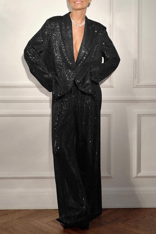 Women's silver sequined two-piece suit jacket and trousers set elegant party-ready shimmering finish