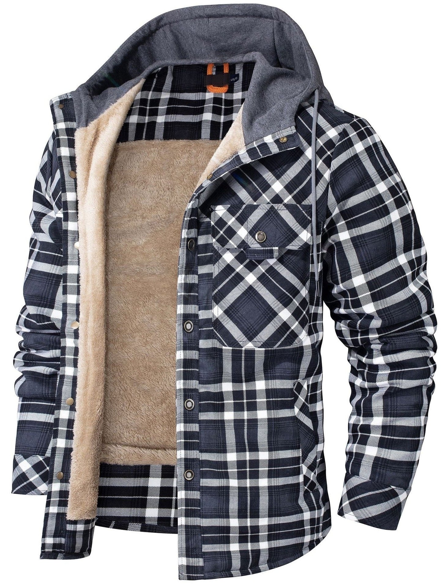 Men's plaid hoodie jacket fleece-lined button-up in bold rugged pattern for casual warmth
