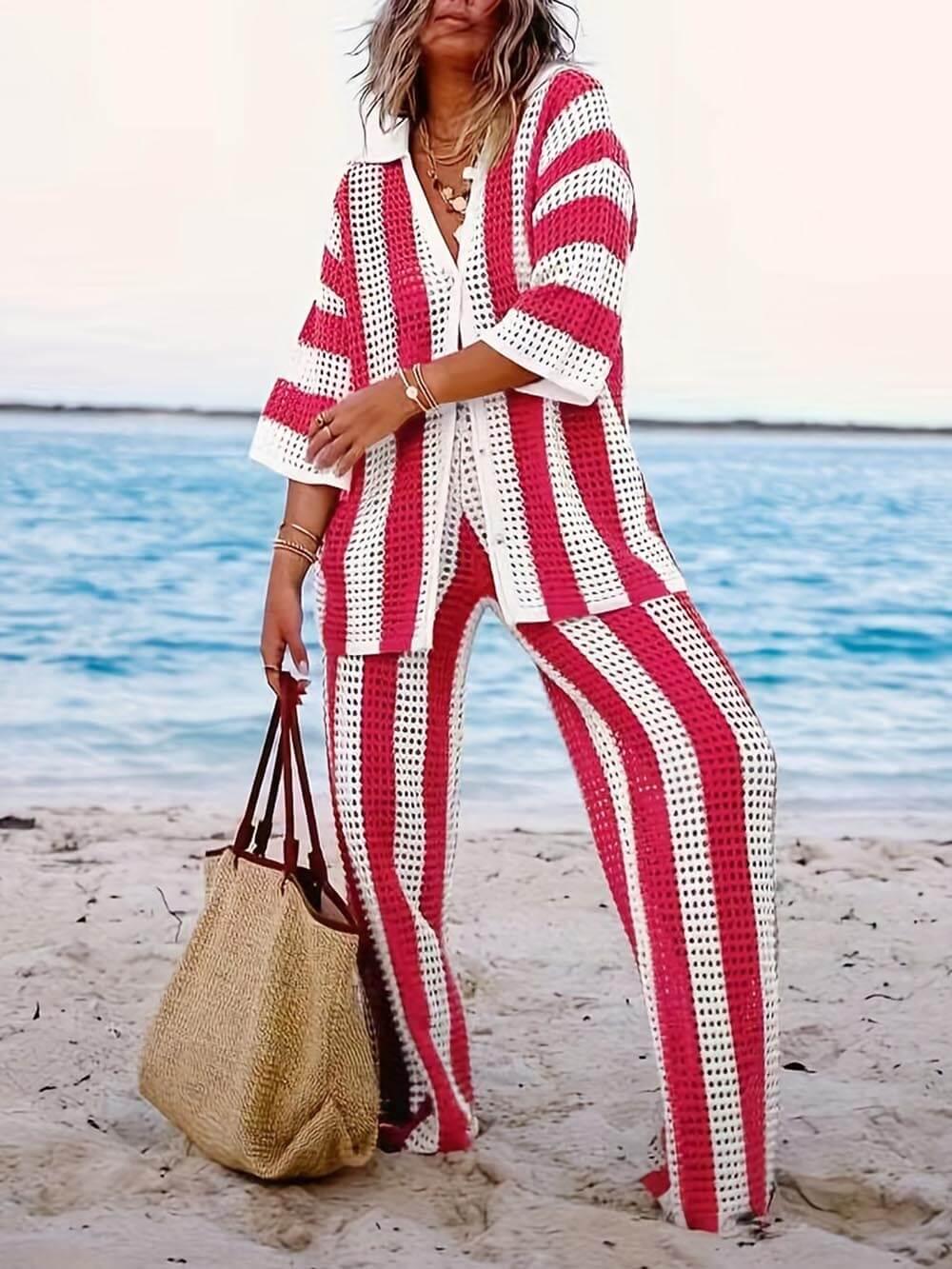Women's loose V-neck striped two-piece set with wide-leg pants and hollow-out knit detail