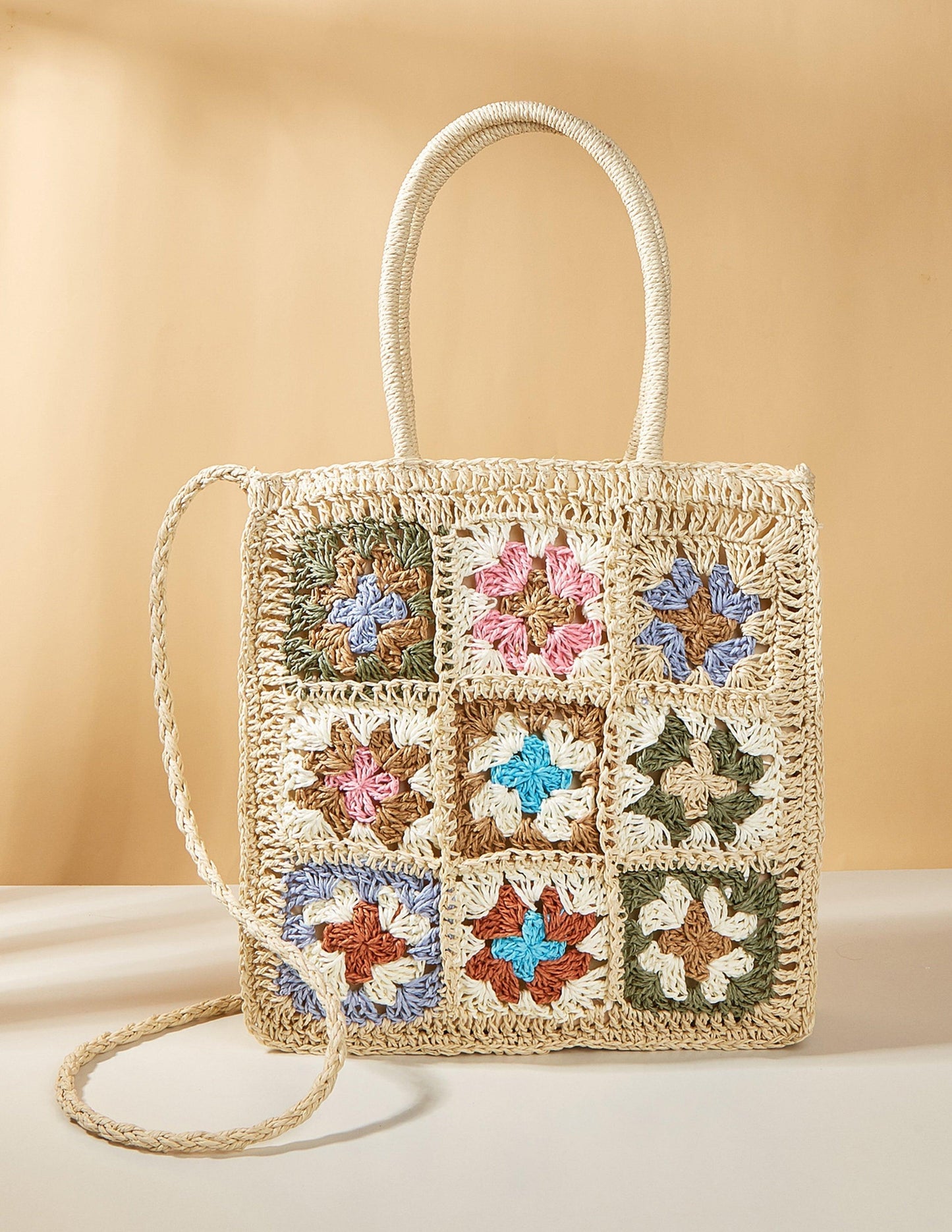 Khaki crochet woven straw bag with colorful flower design, zippered lining, women's boho purse