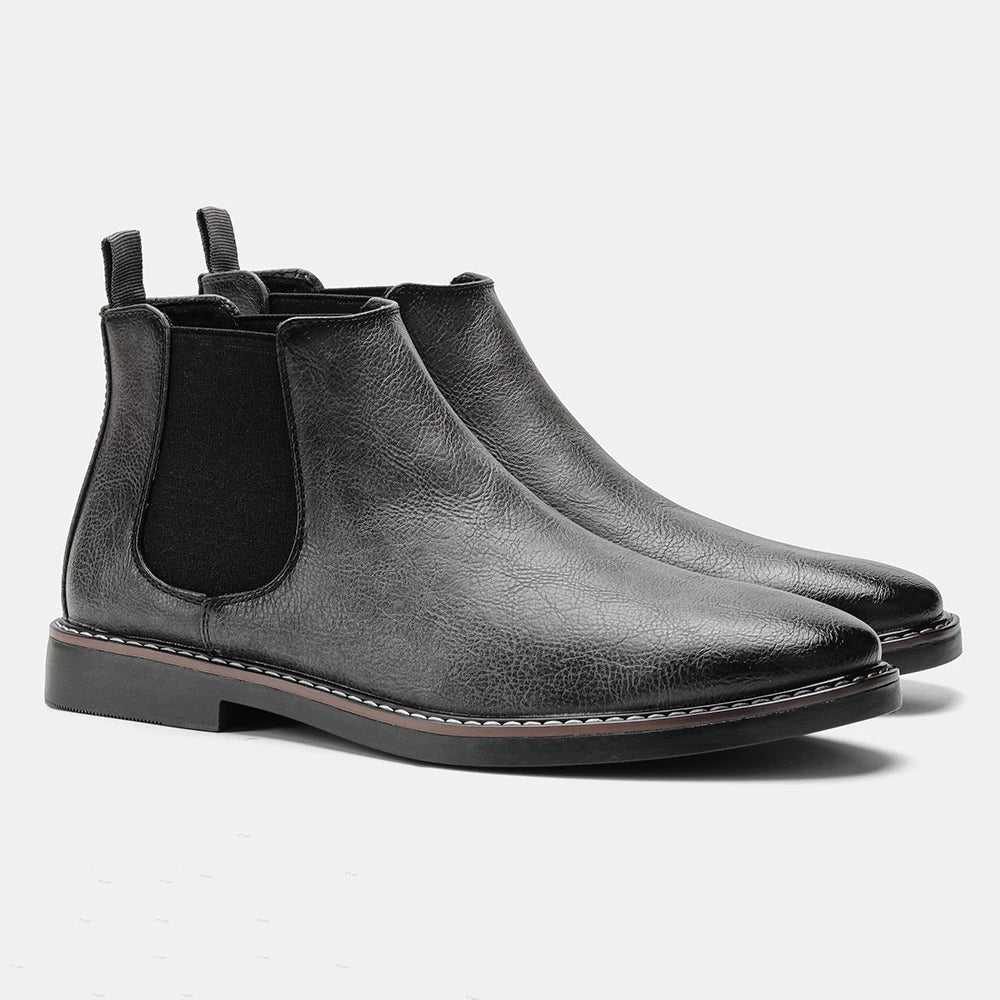 Men's black leather Chelsea boots almond toe elastic gussets low block heel modern style