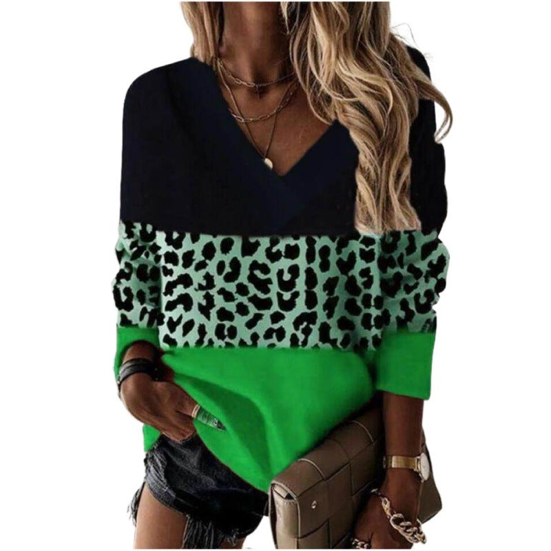 Women's slim fit leopard print V-neck sweatshirt long sleeve soft polyester blend top