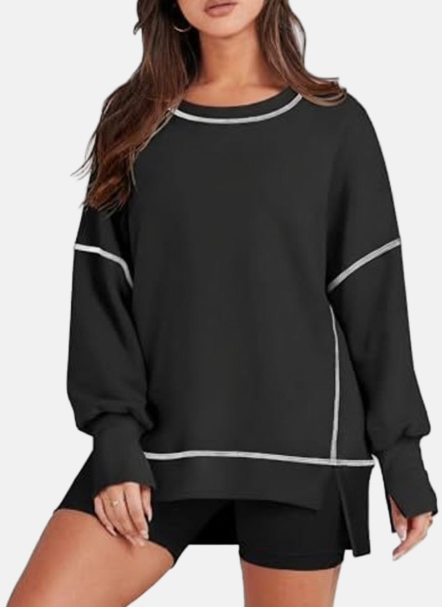 Women's oversized grey sweatshirt relaxed fit crew neck pullover with side slits for layering