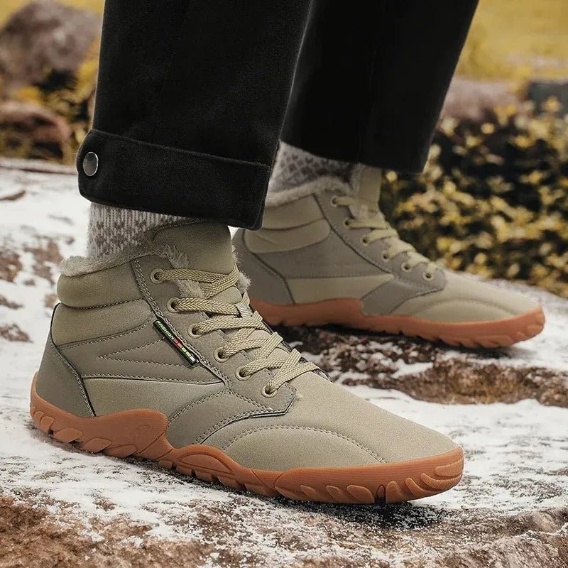 Unisex winter boots with fleece lining, barefoot sole, cozy couple matching style in neutral tones