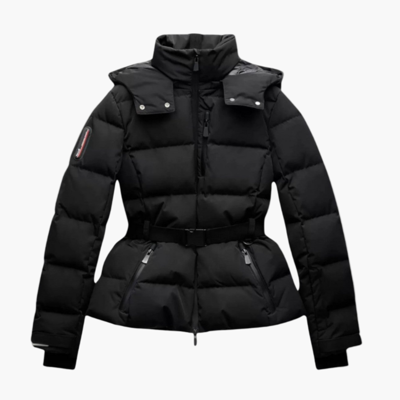 Women's hooded puffer jacket with belted waist, fitted silhouette, and elegant winter style